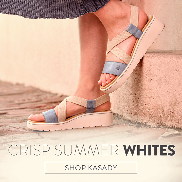 Crisp Summer Whites. Shop Kasady. Featured style: Kasady sandal in blue and white.