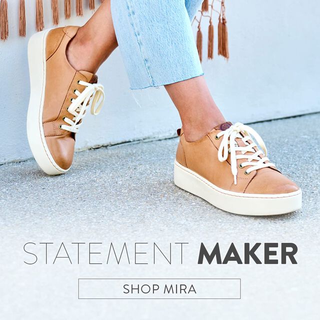 Statement Maker. Shop Mira. Featured style: Mira sneaker in brown leather. Shop Mira.