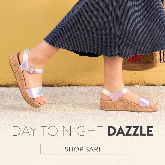 Day to Night Dazzle. Shop Sari. Featured style: Sari cork platform sandal in metallic.