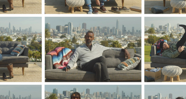 Montage of people sitting on a couch talking with a city skyline behind them.